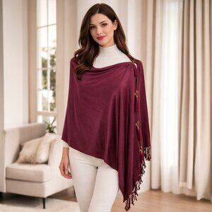 Burgundy Pashmina Poncho Tassel Accents Scarf